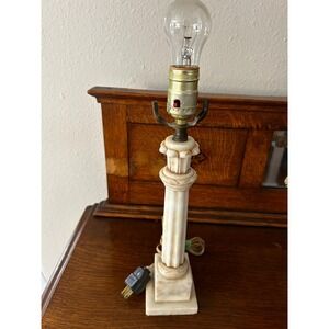 Vintage Alabaster Column Table Lamp Neoclassical Carved Stone Cream White 14in